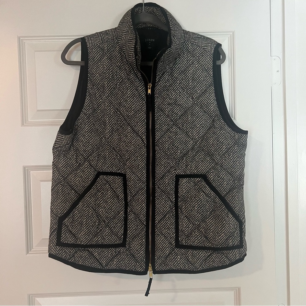 J.Crew Black and Gray Herringbone Quilted Puffer Vest